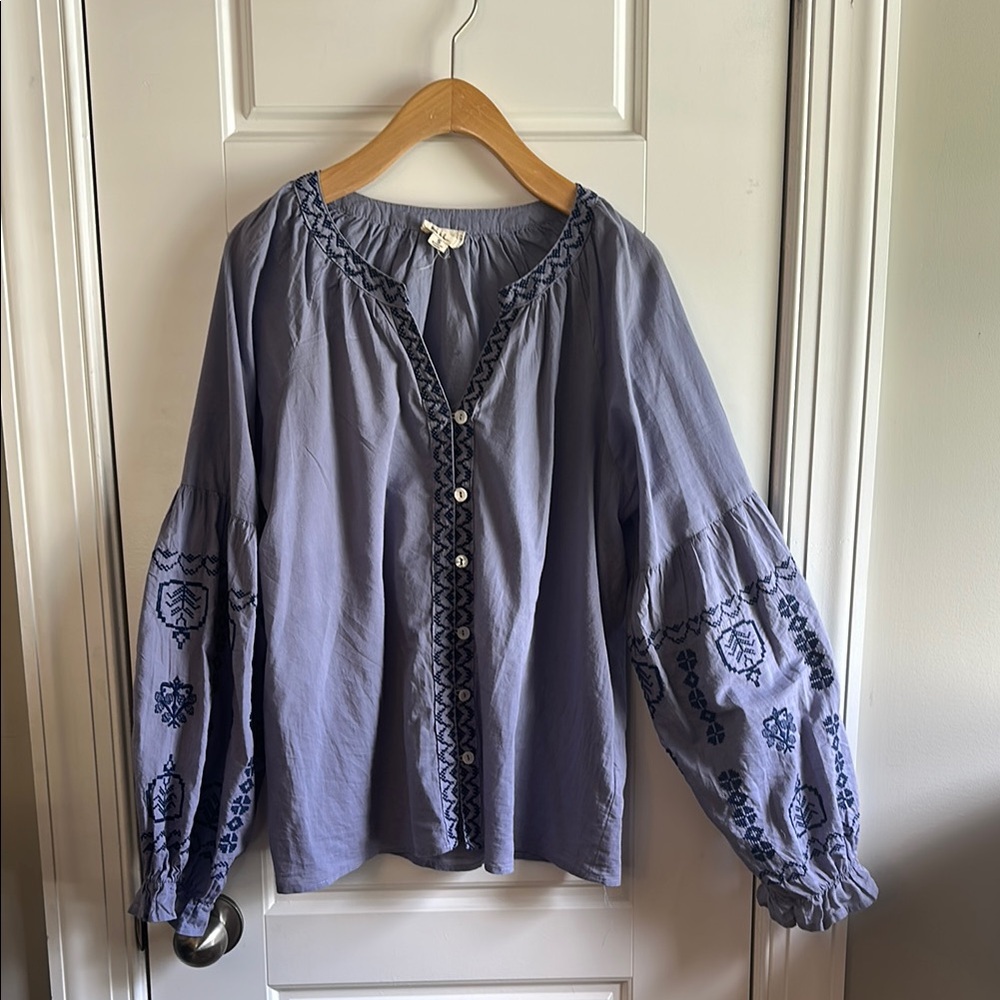 Nicole Miller Blue Puff Sleeve Blouse with Embellished Details